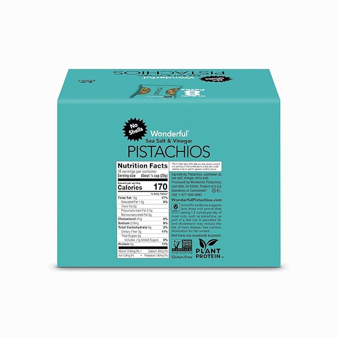 Wonderful Pistachios No Shells, Sea Salt & Vinegar Flavored Nuts, 2.25 Ounce Bag (Pack of 8)