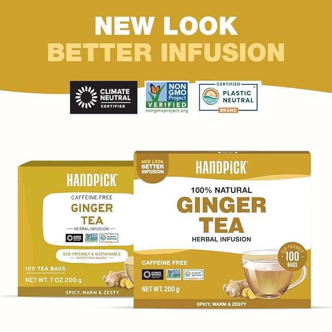 HANDPICK, Ginger Tea Bags, Caffeine Free & 100% Pure Ginger Root | Soothing & Spicy Blend | Round
