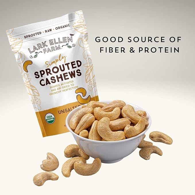 Lark Ellen Farm Unsalted Organic Raw Cashews, Sprouted, Air-Dried, Gluten-Free, Non-GMO, Vegan