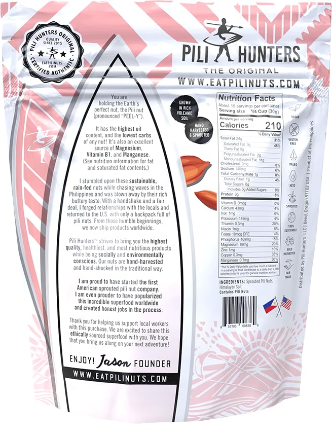 Pili Hunters - Wild Sprouted Pili Nuts, Himalayan Salt (1 lb Bag) Keto/Paleo/Vegan Snacks, Low Carb