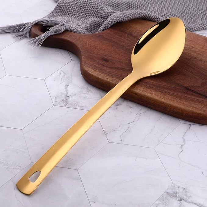 Stainless Steel Serving Spoons: Long Handle Flatware Set of 6 - Large Metal Kitchen Serving
