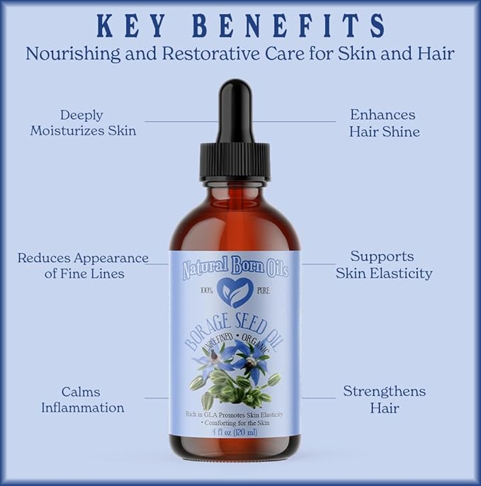 Natural Born Oils Borage Seed Oil, 8oz, Organic, Cold-Pressed, Carrier Oil, Omega-6 Rich, Skin