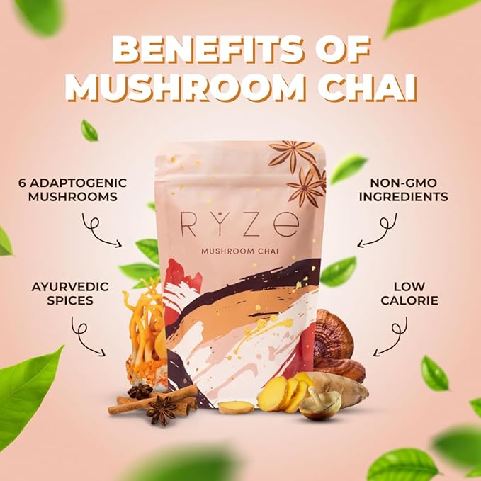 RYZE SUPERFOODS Mushroom Chai with 6 Organic Adaptogenic Mushrooms for Better Energy, Focus