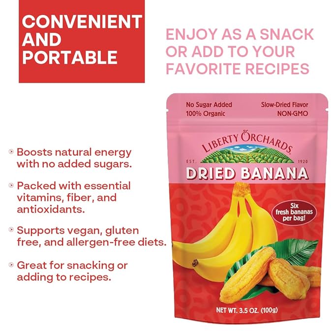 Liberty Orchard Organic Whole Dried Banana - Naturally Sweetened Dried Fruit Snack for Healthy