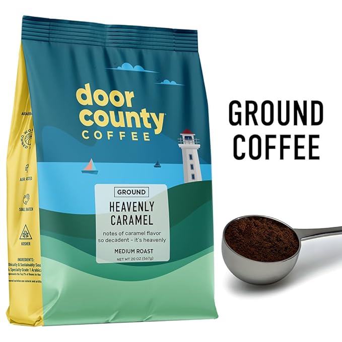 Door County Coffee, Heavenly Caramel, Sweet & Buttery Caramel Flavored Coffee, Medium Roast, Ground