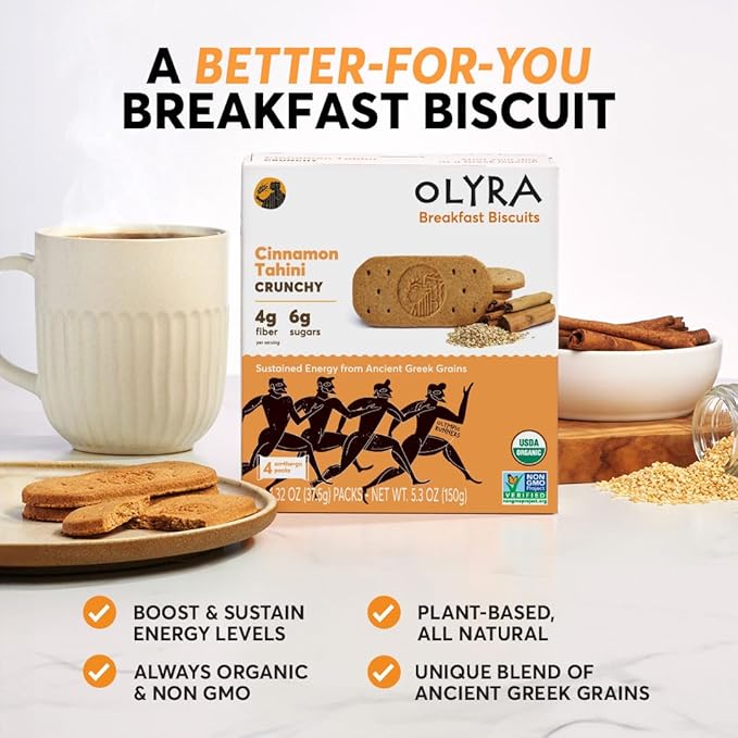 Olyra Breakfast Biscuits Cinnamon Tahini, Kids Healthy Snacks, Low Sugar, High Fiber, Plant-Based