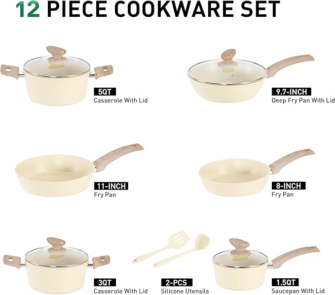 Kitchen Academy Induction Pots and Pans Set Non Stick - 12Pcs Beige Nonstick Kitchen Cookware Set