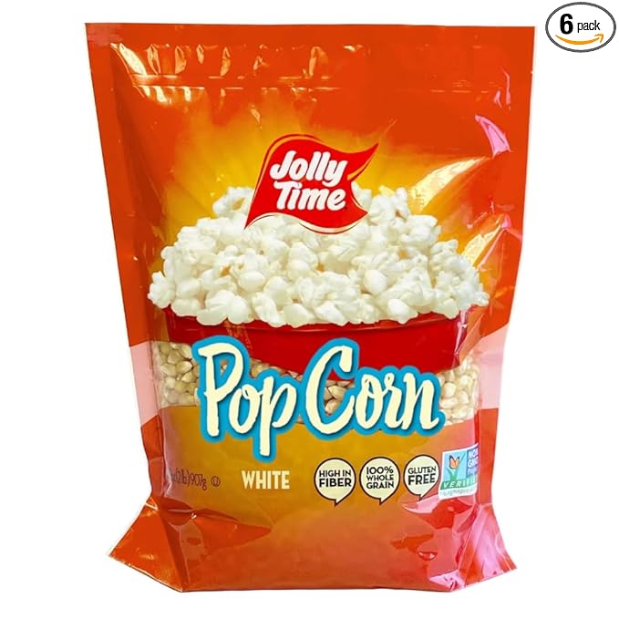 Jolly Time Unpopped White Pop Corn Kernels, Stand Up Resealable Bag, 2 Pound (Pack of 6)