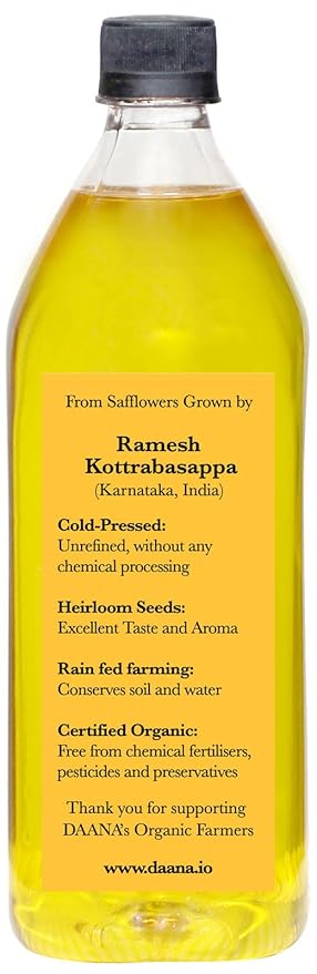 Daana Safflower Oil: Certified USDA Organic, Extra Virgin, Cold Pressed, High Oleic (34 Fl oz)