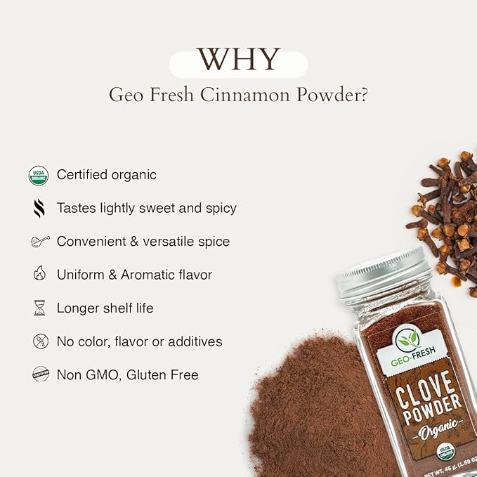 Geo-Fresh Organic Clove Powder ??1.59 oz Glass Jar ??Ground Cloves ??USDA Certified, Non-GMO