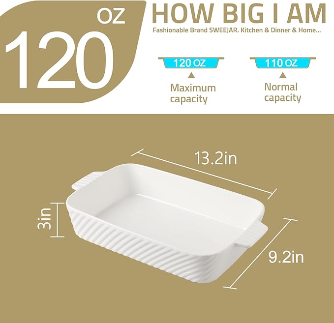 Sweejar Ceramic 13 x 9 Baking Pan, Cake Baking Dish for Brownie, Porcelain Striped Casserole Dishes
