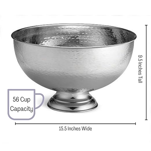 TableCraft RPB1513 Hammered Pedestal Punch Bowl, Large Silver Stainless Steel, 54 Cup Capacity, 3.4