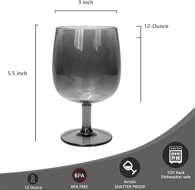 Yalin Set of 6 Unbreakable 12 oz Acrylic Plastic Wine and Water Tumbler Stackable Goblets. (Gray