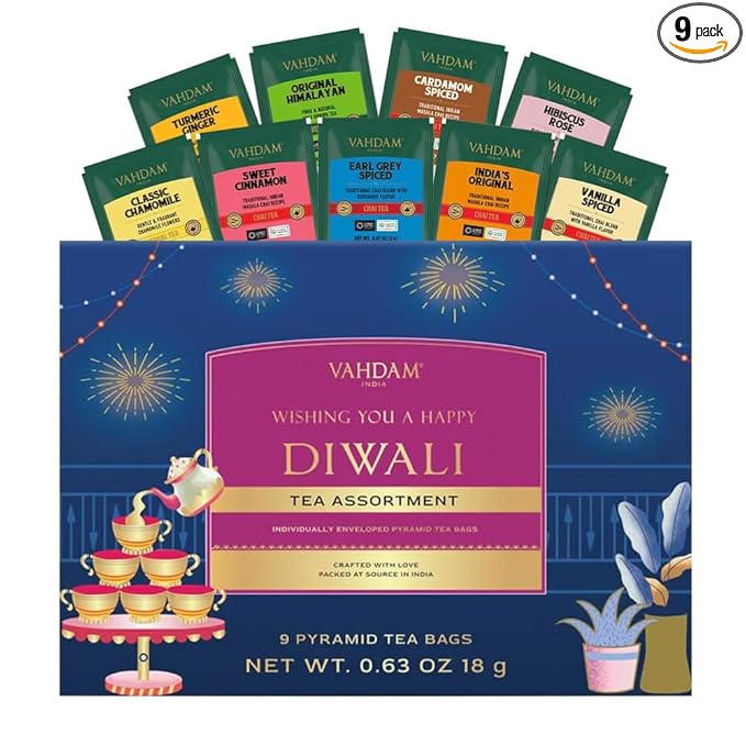 VAHDAM, Limited Edition - Happy Diwali Gift Basket | 9 Delicious Variety Pyramid Tea Bags | Perfect