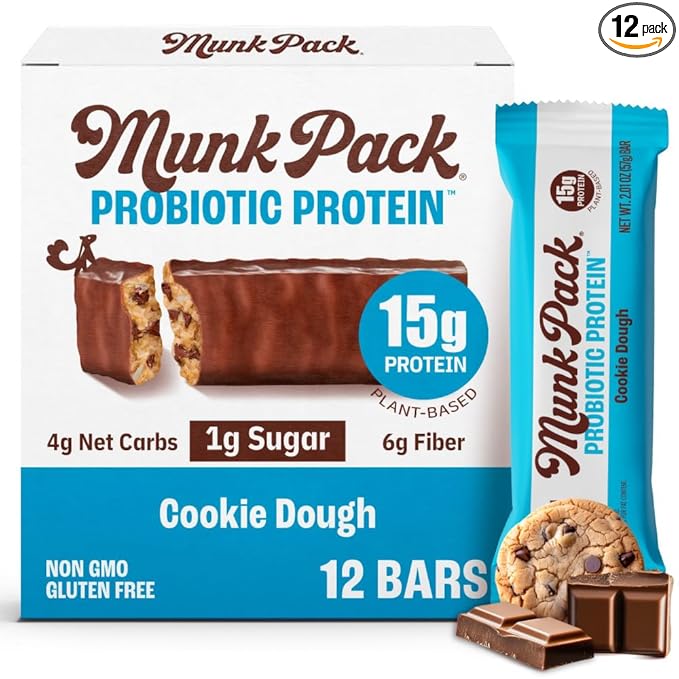 Munk Pack 15g Probiotic Keto Protein Bars - Low Sugar, High Protein -1g Sugar, 4g Net Carbs. Vegan