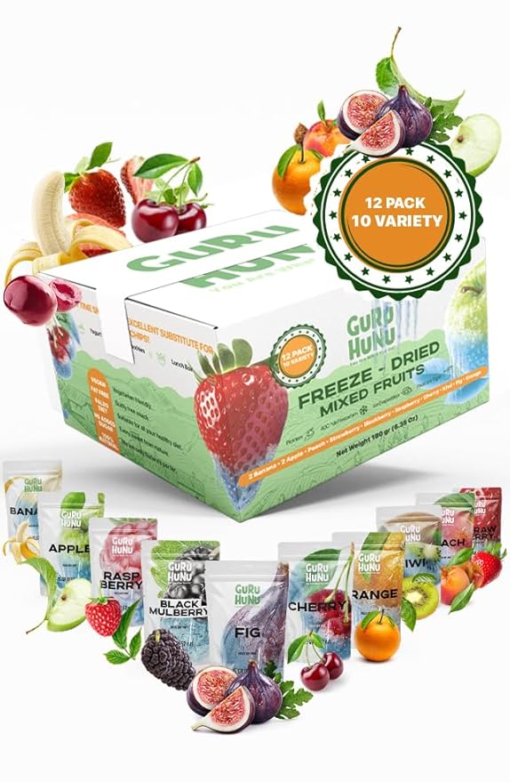 GURU HUNU Freeze Dried Fruit Mix 12 Individual Packs Healthy Fruit Snacks - Variety Pack Dehydrated