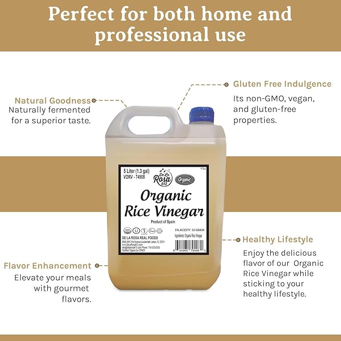De La Rosa Organic Rice Vinegar 5% Acidity, Kosher, Rice Vinegar for Cooking, Sushi, Salad