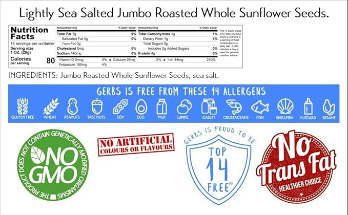 Gerbs Jumbo Lightly Sea Salted Whole Sunflower Seeds 14 oz. | Small Batch, No Additives, Resealable