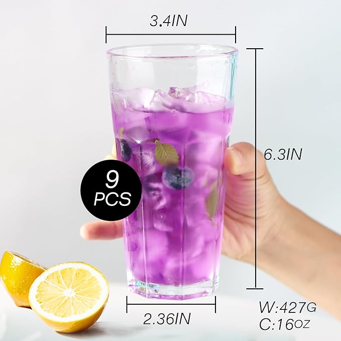 Etolies Highball Drinking Glasses Set of 9, Water Glasses 16 oz,Iced Tea Glasses for Water, Juice
