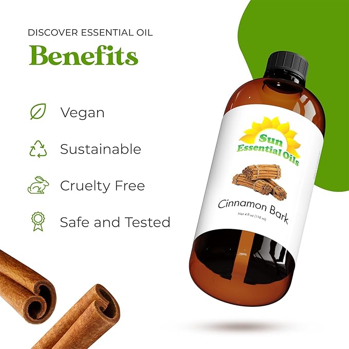 Sun Essential Oils - Cinnamon Bark Essential Oil (4 oz) with Dropper for Diffuser, Aromatherapy