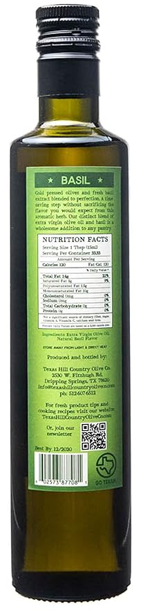 Texas Hill Country Olive Co Basil Infused Olive Oil - Cold Pressed Gourmet EVOO Olive Oil - Great