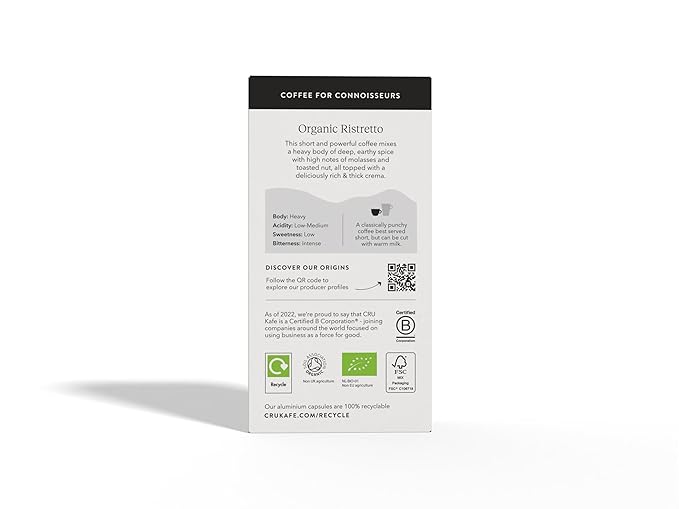 Cru Kafe Ristretto USDA Organic Espresso Coffee Capsules (50 Pods) Fairtrade Coffee Pods Compatible