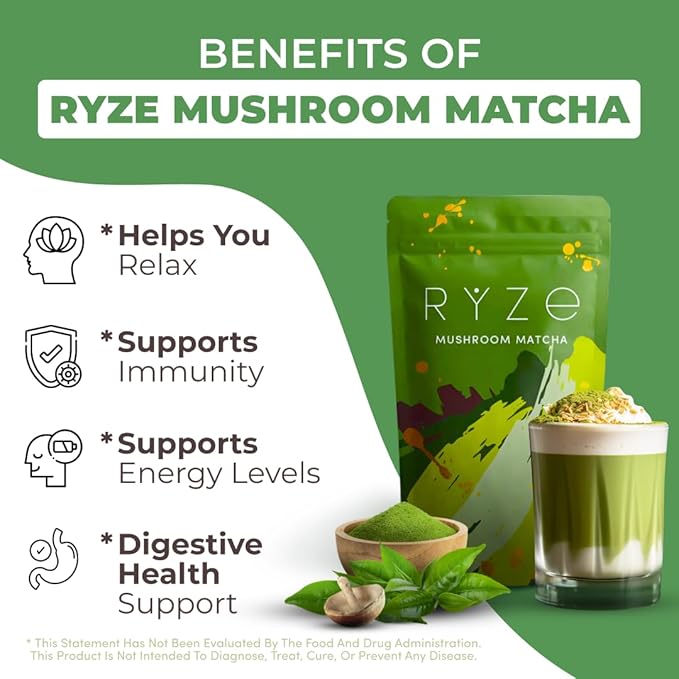RYZE SUPERFOODS Mushroom Matcha, USDA Organic with 6 Adaptogenic Mushrooms and Ceremonial-Grade