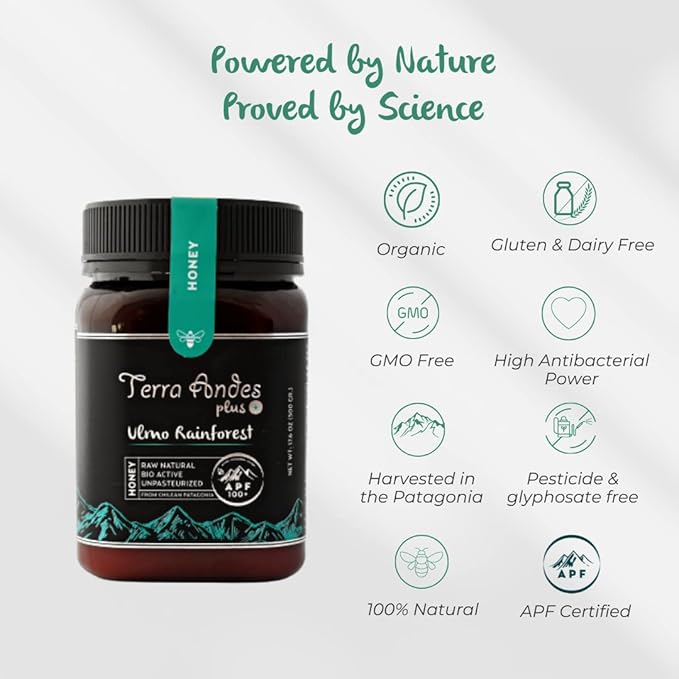 Ulmo Rainforest honey APF 200+ by Terra Andes Plus. Raw natural organic honey. Highest bioactive