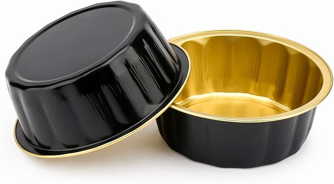 Beasea Disposable Ramekins with Lids, 8 oz 50 Pack Black Gold Aluminum Foil Cups, Disposable Creme