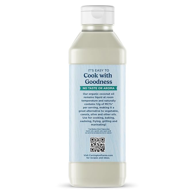 Carrington Farms Organic Liquid Coconut Cooking Oil, 16 Fl Oz ?밬nflavored, Unscented, High Smoke