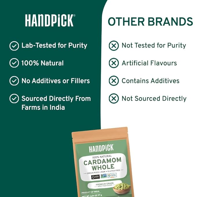 HANDPICK Green Cardamom Pods (57g / 2oz) Large size Green Elaichi | Pure, Non-GMO, Gluten Free |