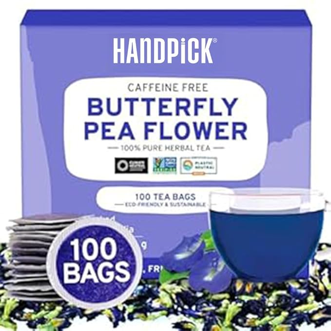 HANDPICK, Butterfly Pea Flower Tea (100 Herbal Tea Bags) | Caffeine Free, Non GMO | Premium Dried
