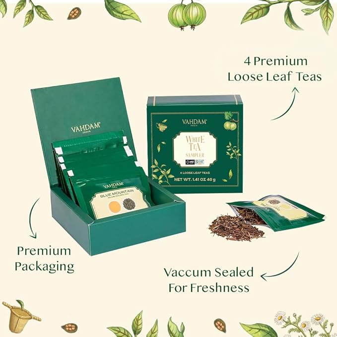 VAHDAM, Assorted White Tea Sampler Gift Set, Gluten Free, Non GMO - 4 Unblended White Loose Leaf