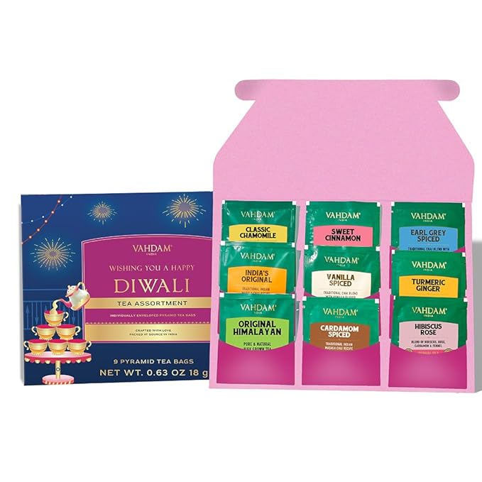 VAHDAM, Limited Edition - Happy Diwali Gift Basket | 9 Delicious Variety Pyramid Tea Bags | Perfect