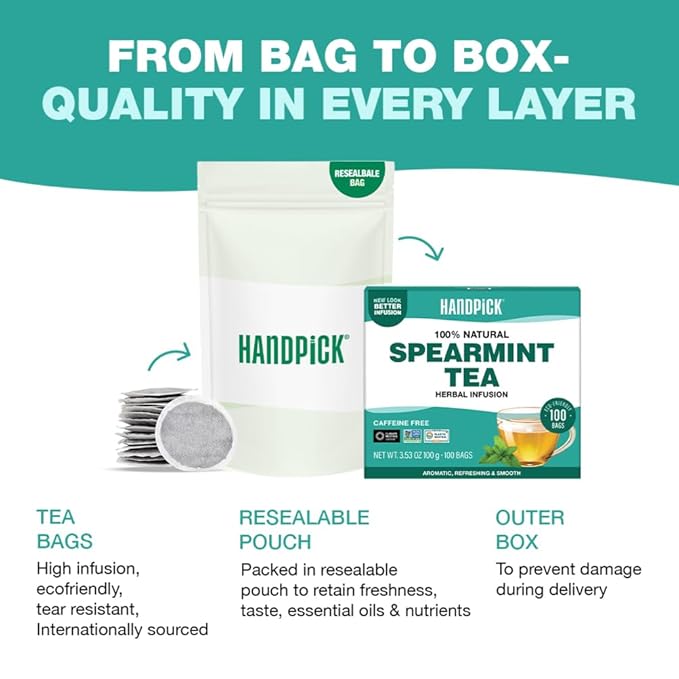 HANDPICK, Spearmint Tea Bags (100 Herbal Tea Bags) |Refreshing Mint Tea | Non-GMO | Round