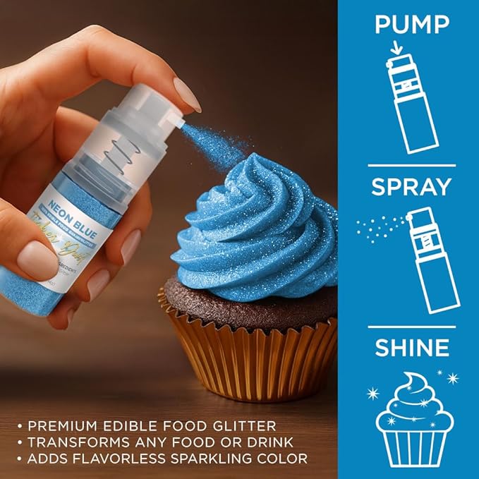 Bakell - Neon Blue Tinker Dust (4g, 1x Mini Spray Pump) Edible Glitter for Food, Desserts, and
