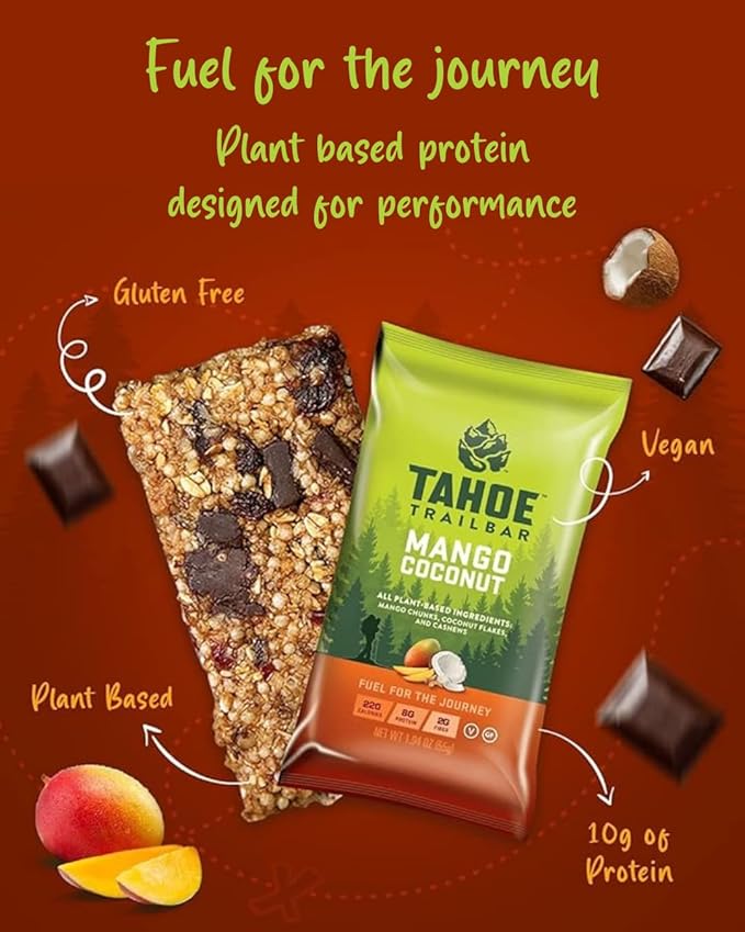 Tahoe Trail Bar, Plant-Based Natural Energy Bar (1.94 Ounce Protein Bar, 12 Count) High Protein