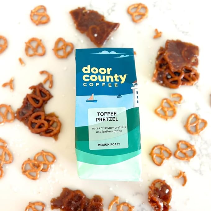 Door County Coffee Toffee Pretzel Flavored Ground Coffee - 10 oz Bag - Medium Roast - 100%
