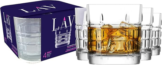 LAV Old Fashioned Whiskey Glass Set with Linear Nuances | Set of 4 x 11 oz | Brit Glasses, Bourbon