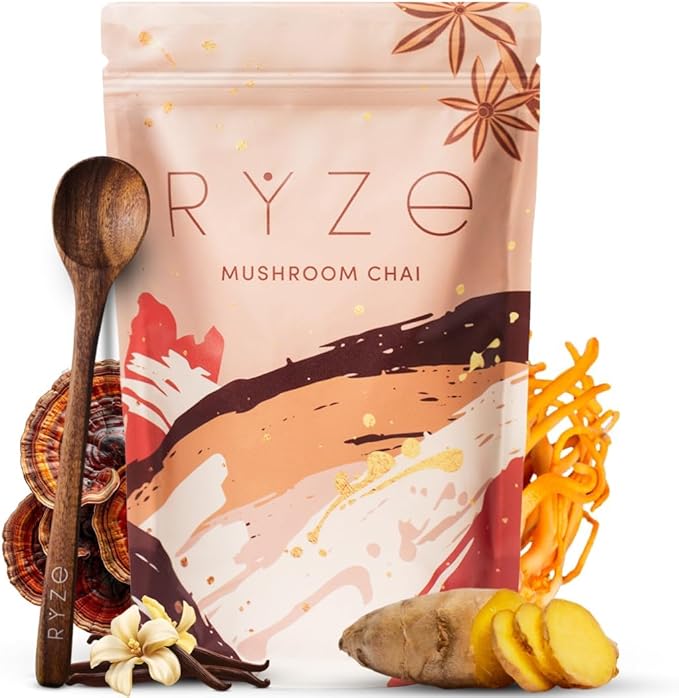 RYZE SUPERFOODS Mushroom Chai with 6 Organic Adaptogenic Mushrooms for Better Energy, Focus