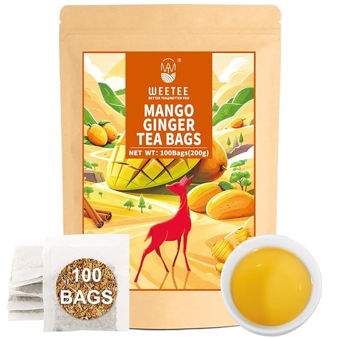 WT WEETEE Mango Ginger Tea Bags, 2g x 100 Counts, Flavored Ginger Herbal Tea Includes Cardamom