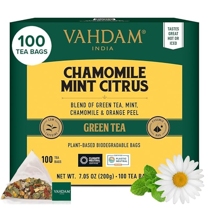 VAHDAM, Chamomile Mint Citrus Green Tea Bags (100 Count) Low Caffeine, Non GMO, Gluten Free | Sweet