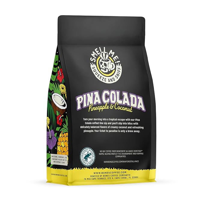 Bones Coffee Company Pina Colada, Pineapple and Coconut Flavored Coffee, Medium Roast Low Acid