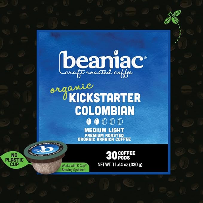 beaniac Organic Kickstarter Colombian, Medium Light Roast, Single Serve Compostable K Cup Coffee