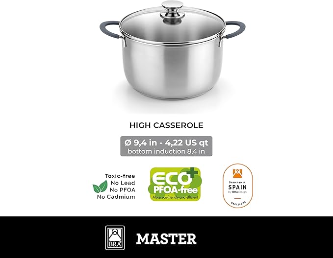 BRA COOKWARE Master Casserole w/Glass Lid | 9.5 inches - 4 quarts Professional Pot | Stainless