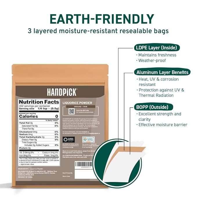 HANDPICK Licorice Root Powder (226g/8oz) Non GMO, Gluten Free, 100% Raw Ground Mulethi, Sourced