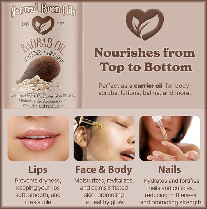 Natural Born Oils 4oz Baobab Oil, 100% Pure and Natural, Organic, Cold-pressed, Unrefined