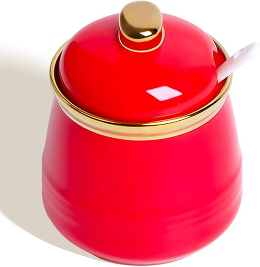 HAOTOP 12oz Sugar Bowl with Lid and Spoon,Simple Ceramic Sugar Jar Sugar Container Sugar Dispenser