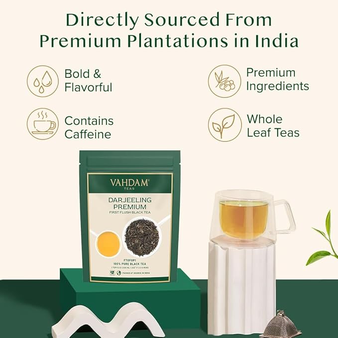 VAHDAM, First Flush Darjeeling Tea - 50 Cups (3.53oz) | Loose Leaf Black Tea - Flowery, Aromatic &