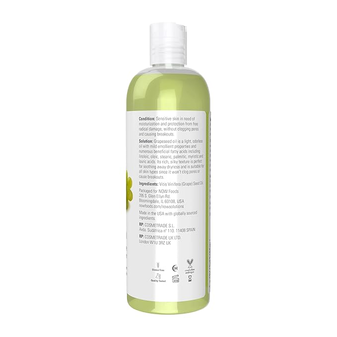NOW Foods Solutions, Grapeseed Oil, Skin Care for Sensitive Skin, Light Silky Moisturizer for All